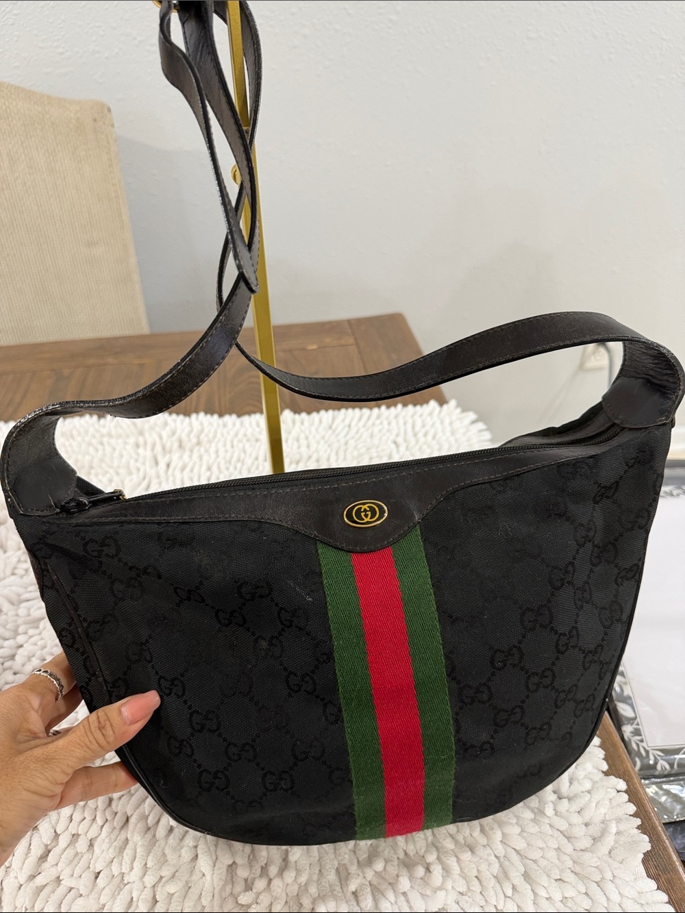 Gucci Black Canvas Shoulder Bag with Green and Red Web Stripe